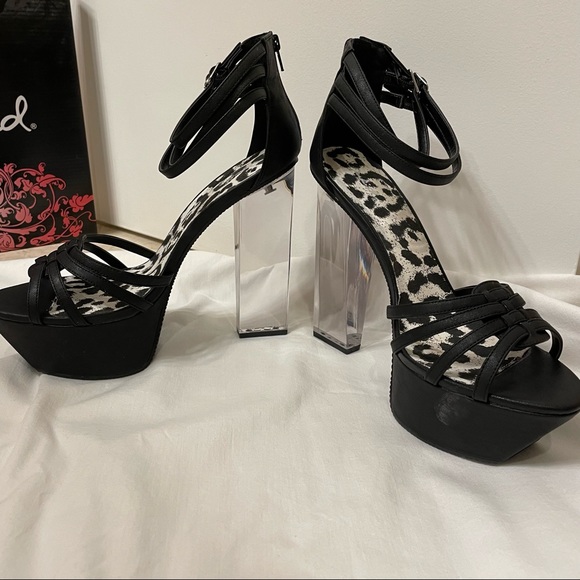 Qupid Arctic-01X Black/Clear Platform Heels 10 New Never Worn, 3 Ankle Straps - Picture 4 of 14